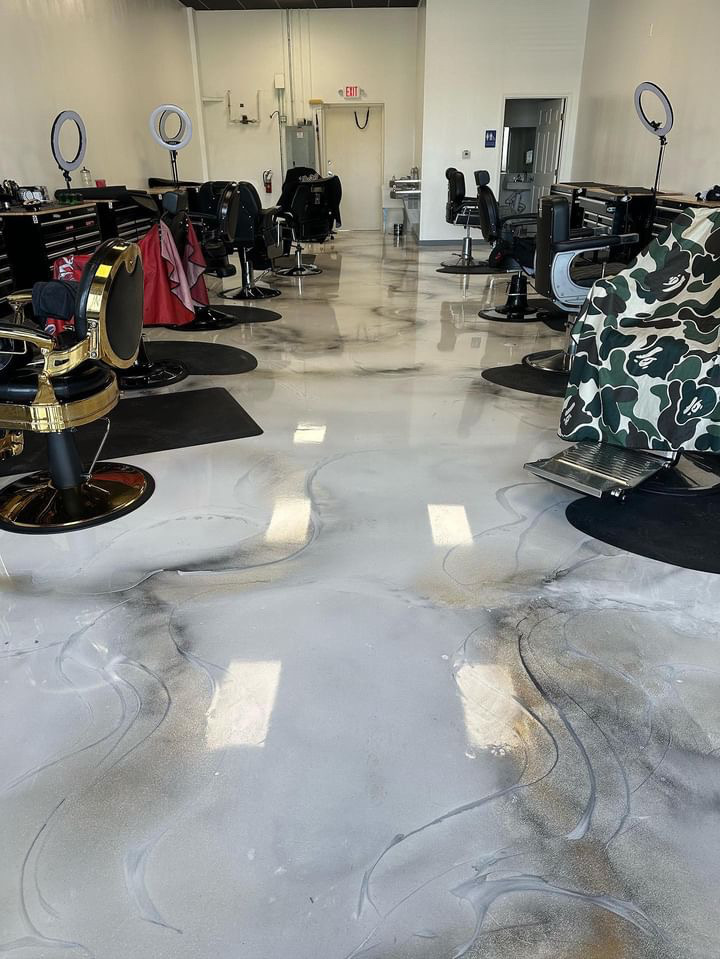 White resin floor in Orlando barbershop