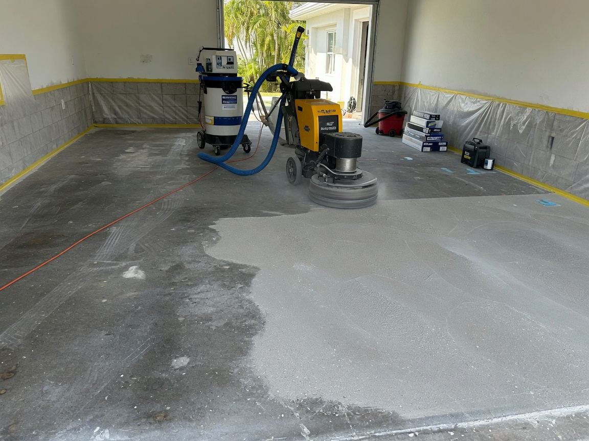 Diamond grinding concrete garage floor preparation for professional epoxy system Florida