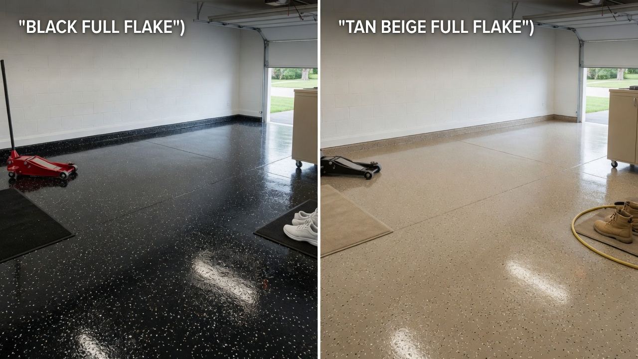 Black and tan epoxy flake garage floor color options for Orlando homes