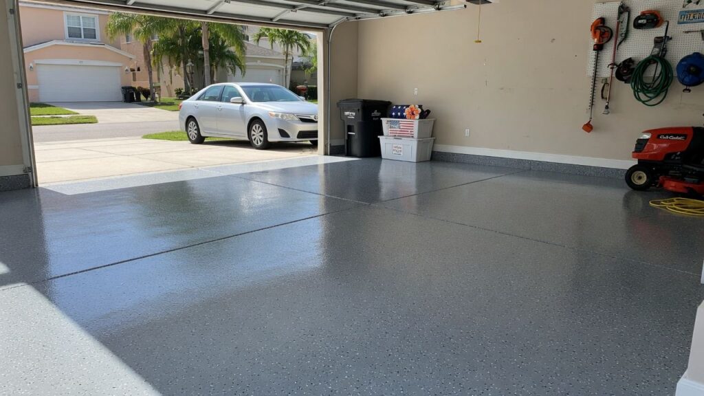 Gray full flake epoxy garage Orlando two-car