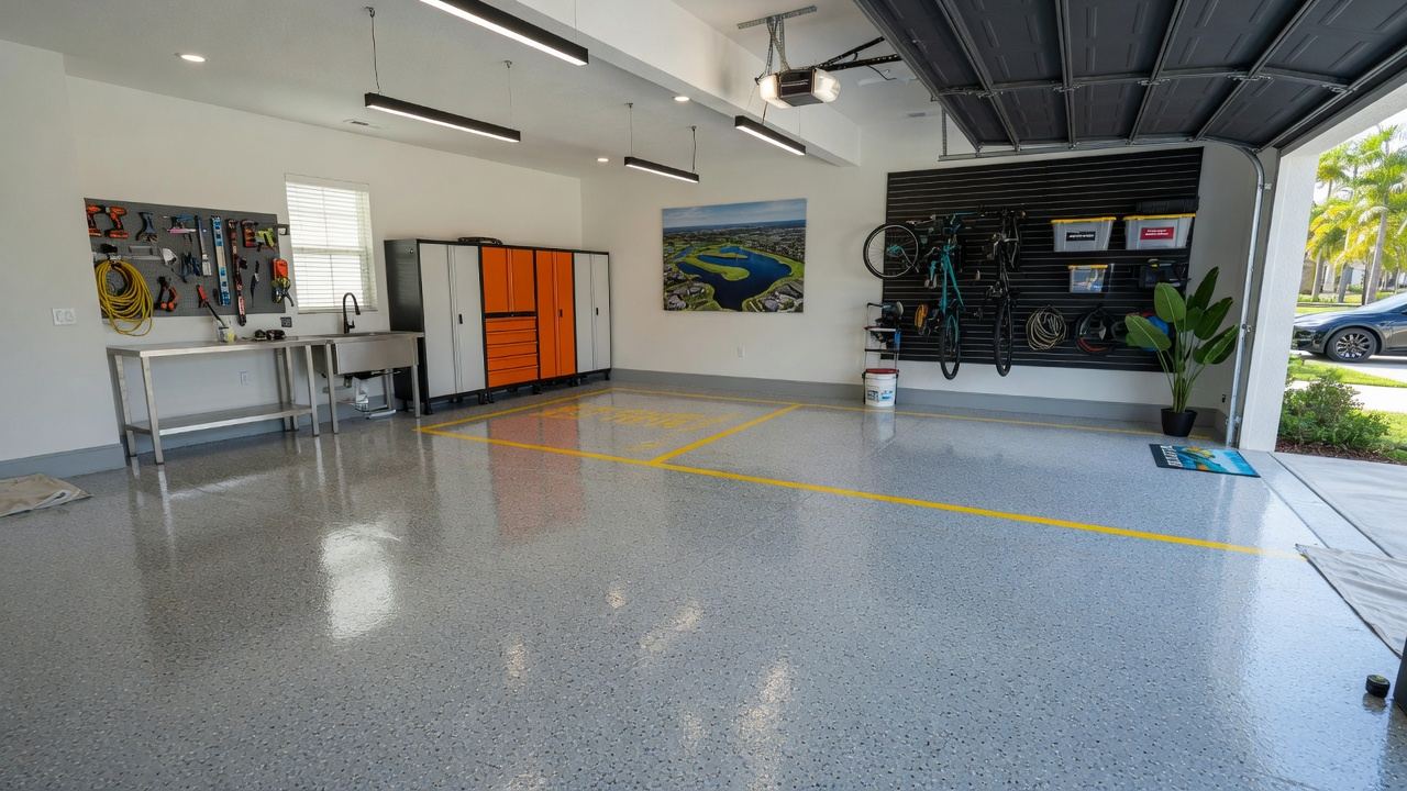 Lake Nona full flake garage epoxy designed for heat and hot tires