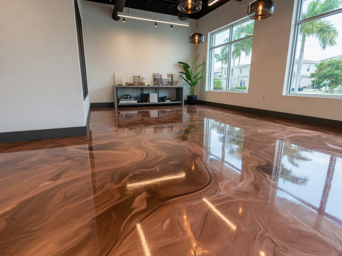 Copper metallic epoxy floor designer finish Orlando FL