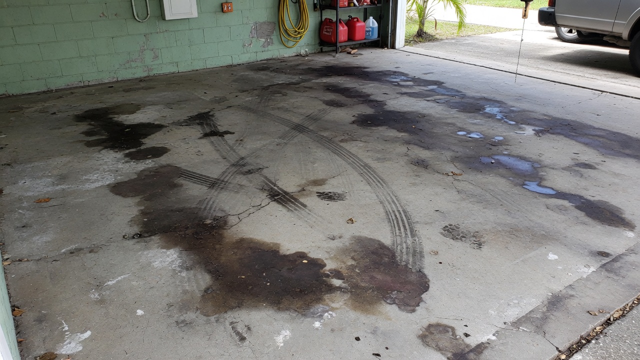 Oil stained bare concrete garage before epoxy Orlando