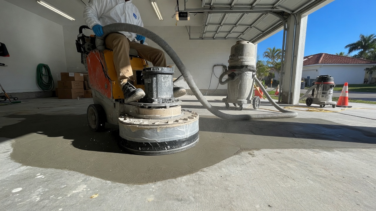 Diamond grinding concrete garage floor for epoxy prep Orlando