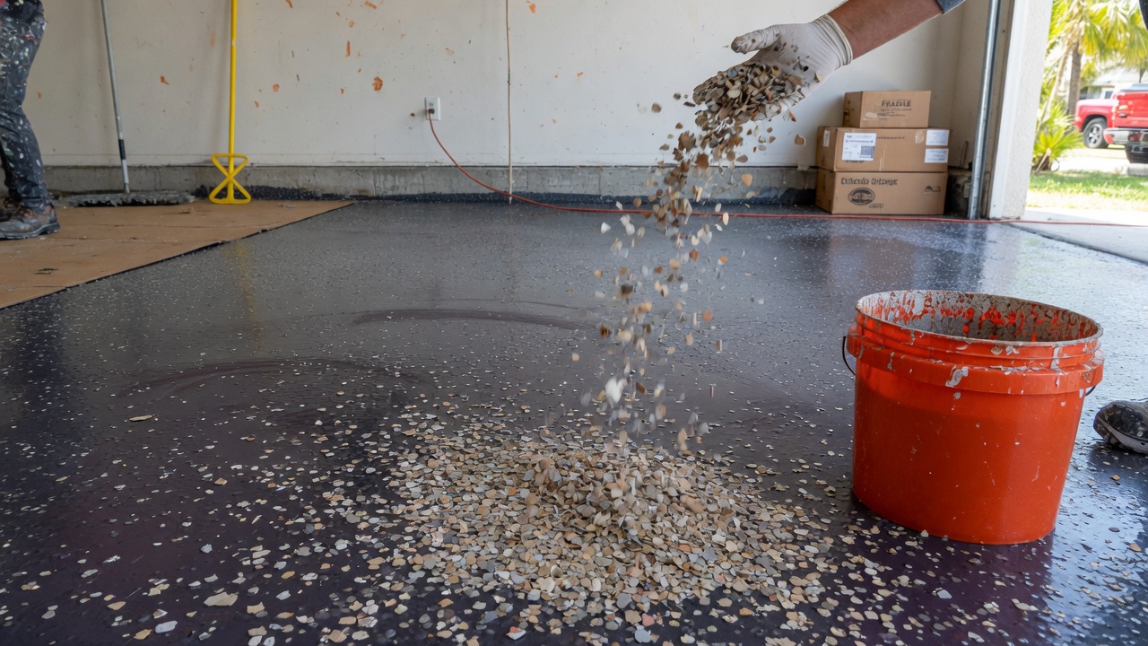 Full flake epoxy broadcast on garage floor Orlando