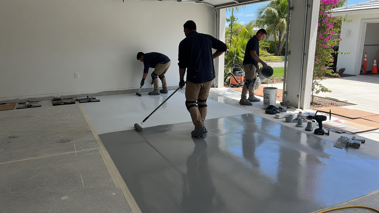 Epoxy flooring crew installing garage floor coating in Florida